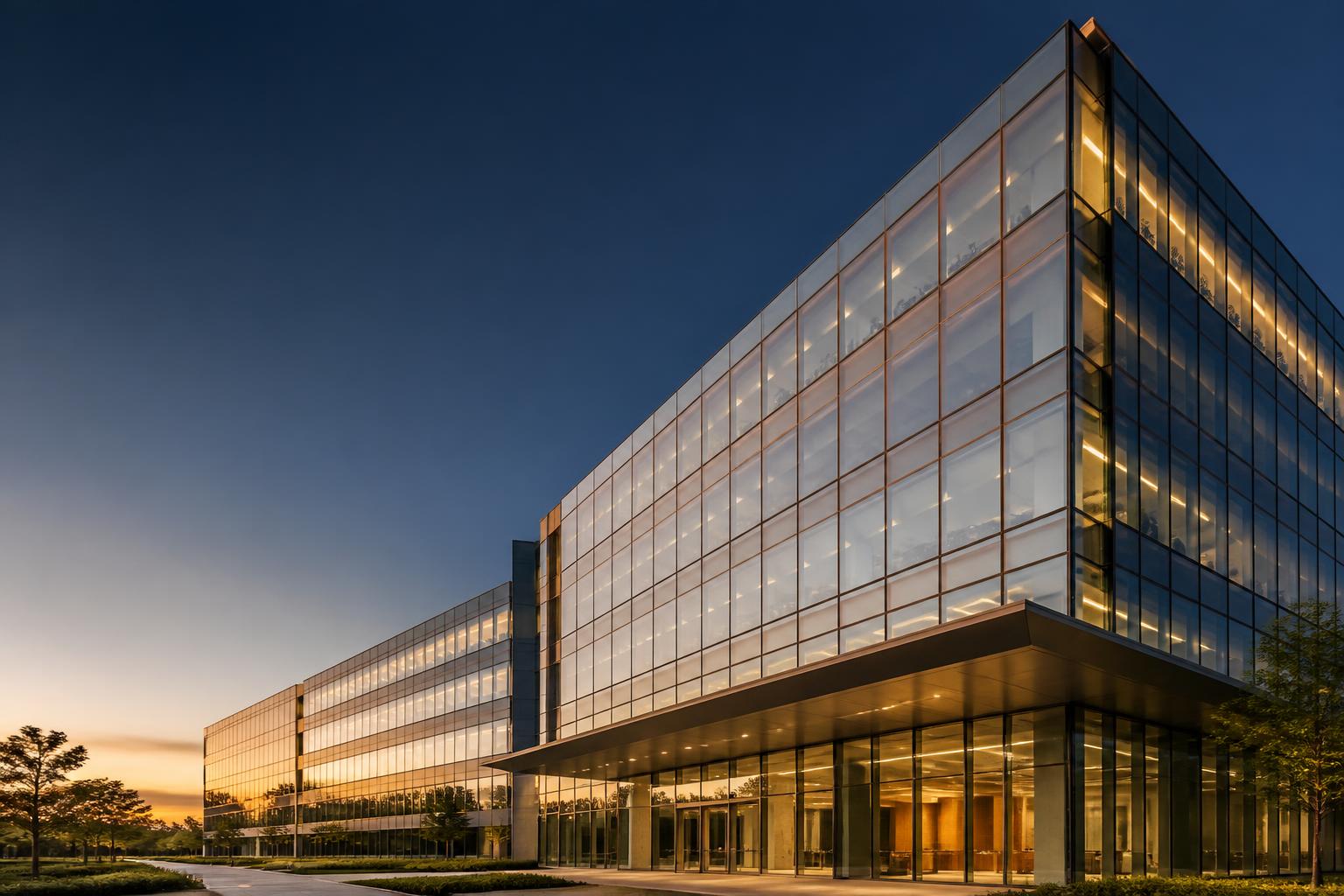 Modern corporate office building at dusk